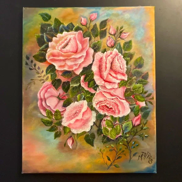 Pink Roses Painting Original Canvas Art - Picture 1 of 5